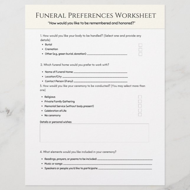 Papel Timbrado Folha de Preferências de Funeral (Frente)