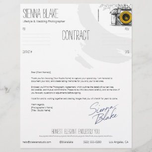 Papel Timbrado Folha de Rosto de Contrato de Fotógrafo de Câmera 