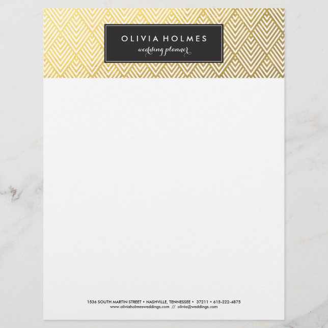 Papel Timbrado Folha Preta e Dourada Folha Chevron Letterhead (Frente)