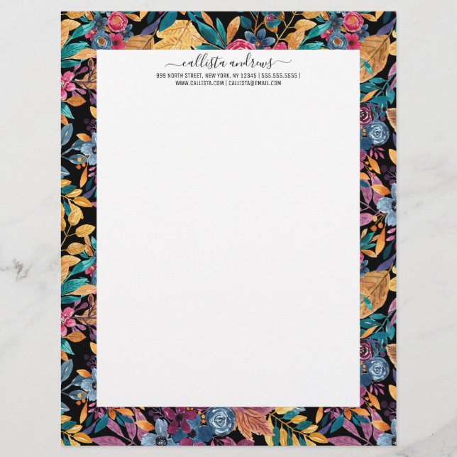 Papel Timbrado Folhas Florais Mistas Folhosas Berry Padrão de Aqu (Frente)