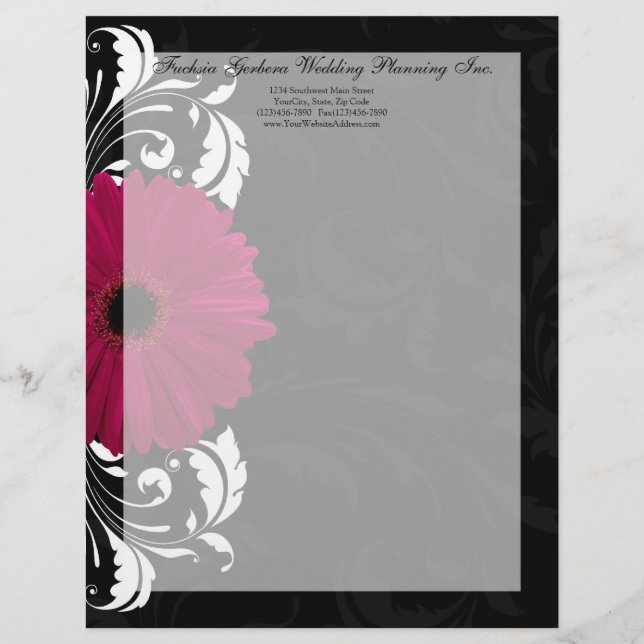 Papel Timbrado Fuchsia Scroll Gerbera Daisy w/Black and White (Frente)