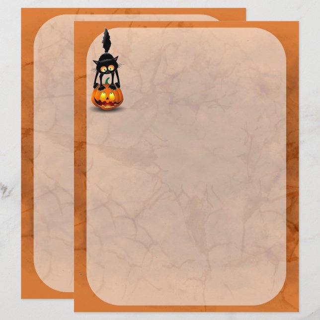 Papel Timbrado Gato Halloween Caricatura Assustada na Pumpkin (Frente/Verso)