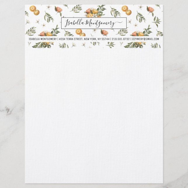 Papel Timbrado Girly Watercolor Tangerine Citrus Boho | Monograma (Frente)