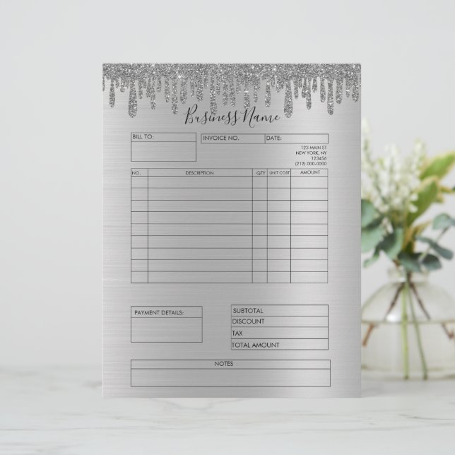 Papel Timbrado Glitter Silver Drives Fatura Pequena Empresa (Em pé/Frente)