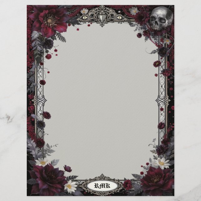 Papel Timbrado Goth with Red and White Flowers and Skull (Frente)