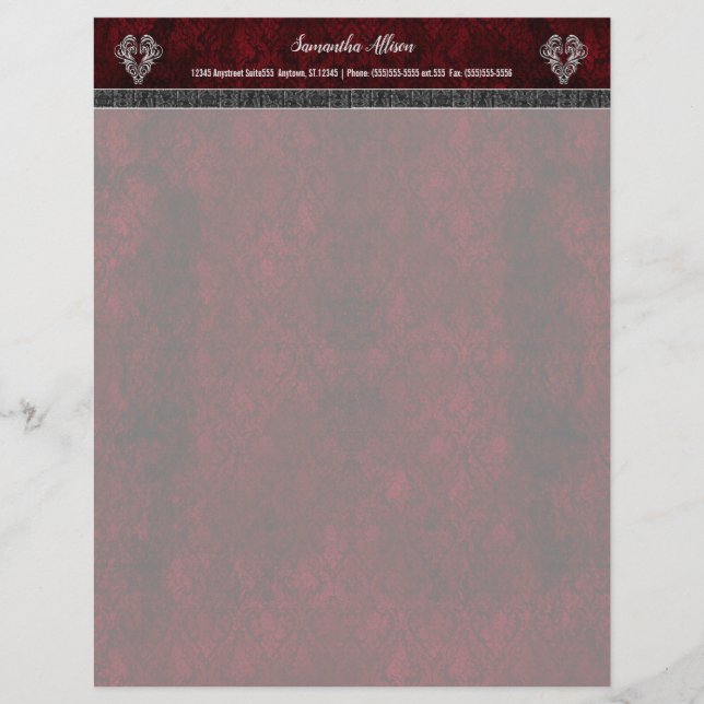 Papel Timbrado Gótico Red Silver Heart Damask (Frente)
