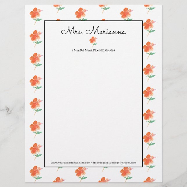 Papel Timbrado Hibisco Laranja Água-forte Mão Verão Script (Frente)
