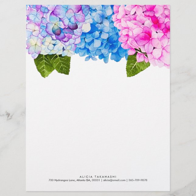Papel Timbrado Hídrangas Florais Elegantes| Adicionar contato de  (Frente)