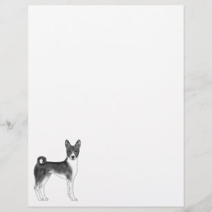 Papel Timbrado Ilustração de cachorro Basenji fofo em preto e bra