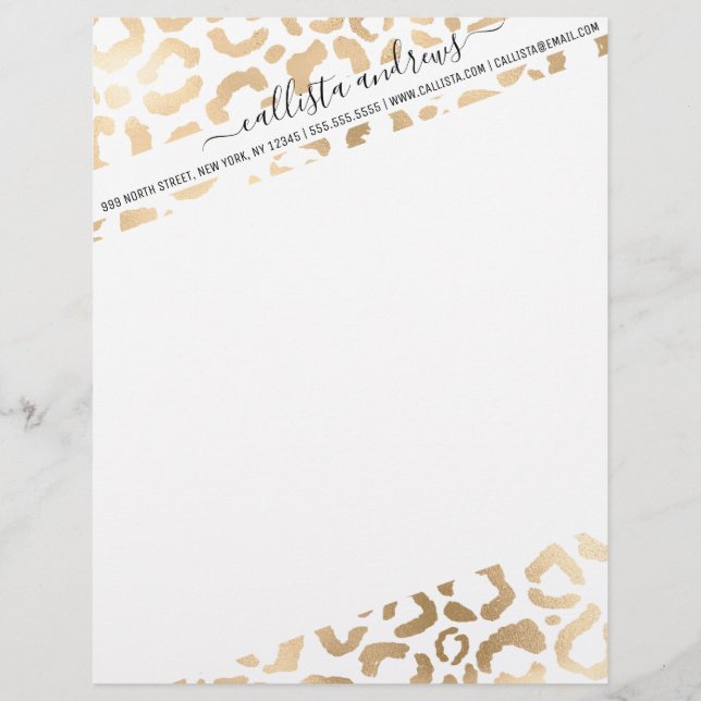 Papel Timbrado Impressão Animal Leopardo Branco Dourado Elegante  (Frente)