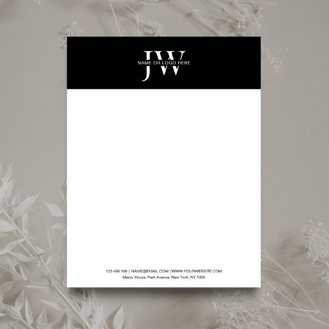 Papel Timbrado Iniciais minimalistas Monogramas Black & White Com (Striking black and white business letterhead with space for you initials and business details)