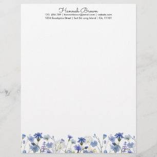 Papel Timbrado Jardim de Flores Silvestres Aquarela Azul