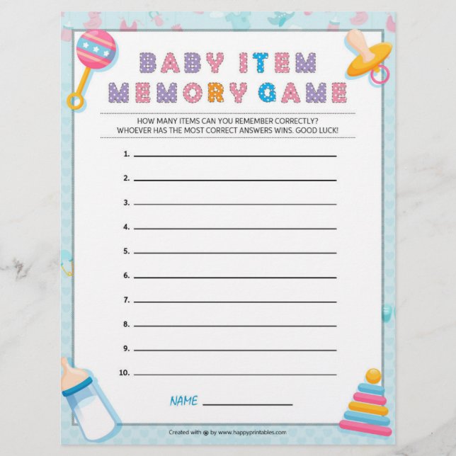 Papel Timbrado Jogo de Memória de Item Bebê [Baby Basics Blue] (Frente)
