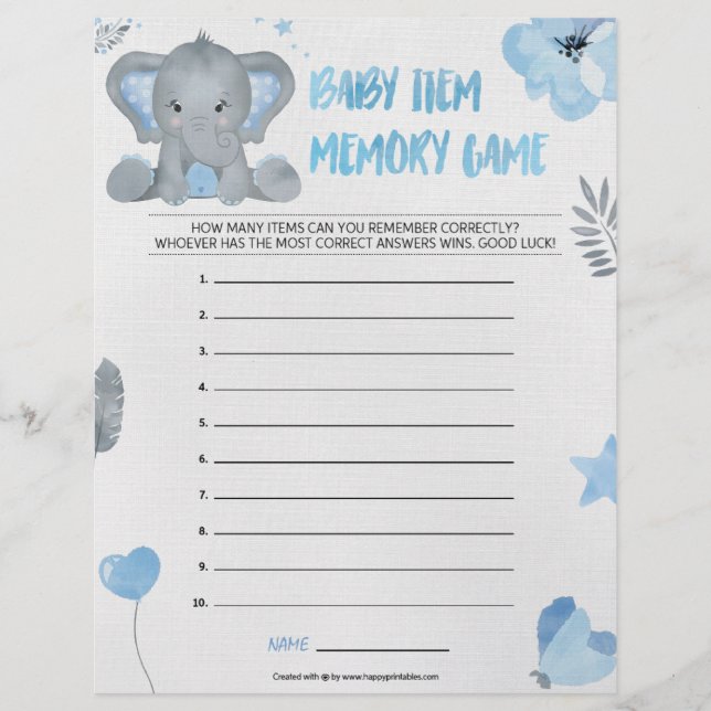 Papel Timbrado Jogo de Memória de Item Bebê [Elefante Bebê [Azul] (Frente)