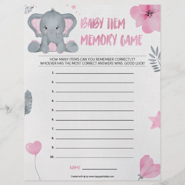 Papel Timbrado Jogo de Memória de Item Bebê [Elefante Bebê [Rosa] (Frente)