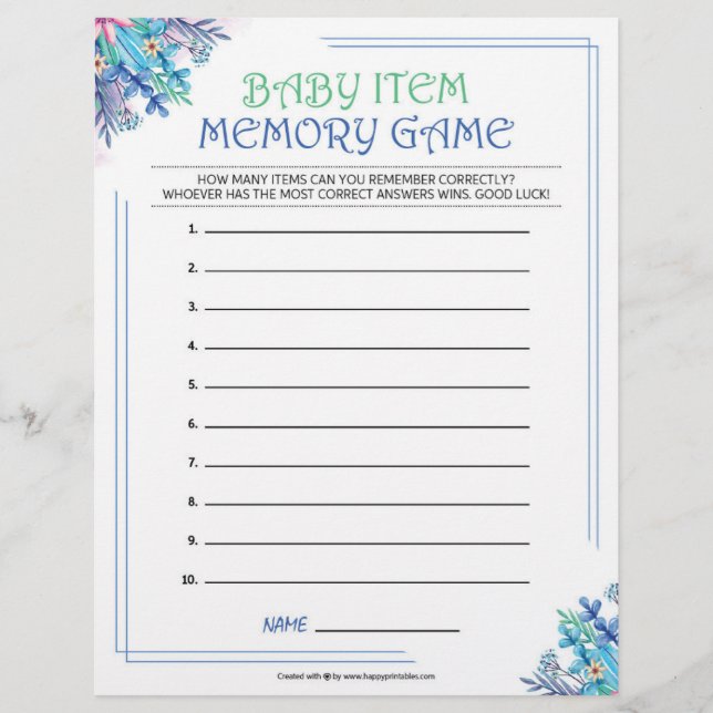 Papel Timbrado Jogo de Memória de Item Bebê [Floral Azul] (Frente)
