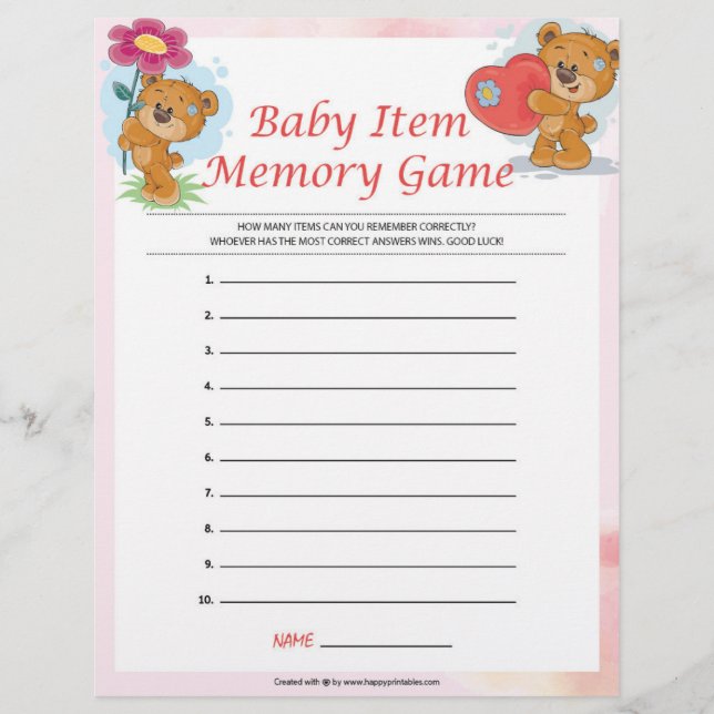 Papel Timbrado Jogo de Memória de Item Bebê [Ursos de Teddy] (Frente)