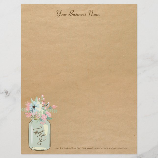 Papel Timbrado Kraft Paper Parece Rustic Mason Jar Modern Floral (Frente)