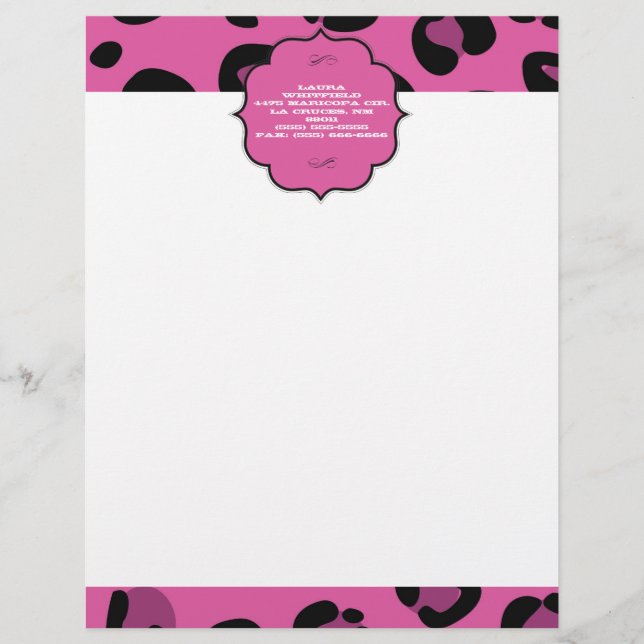 Papel Timbrado Leopardo Preto Cor-de-Rosa Cheetah Letterhead (Frente)