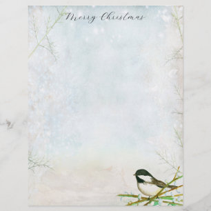 Papel Timbrado Letra Feliz de Natal Chickadee Bird Botânica