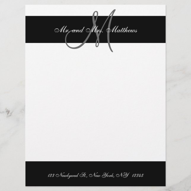 Papel Timbrado Letterhead preto e branco monograma para recém-cas (Frente)