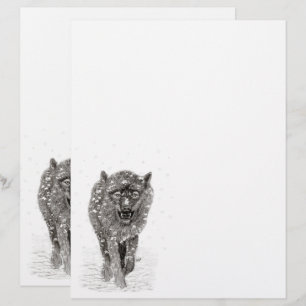 Papel Timbrado Lobo Negro Zangado na Neve, inverno selvagem