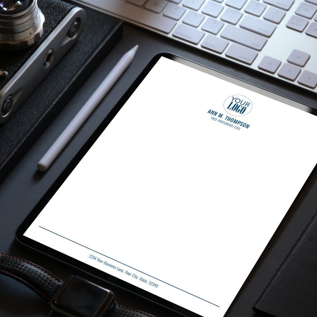 Papel Timbrado Logotipo comercial simples azul (Business logo custom letterhead stationery.)