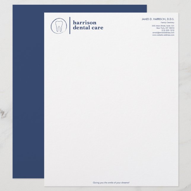 Papel Timbrado Logotipo de desenho do dente Dentista Branco/Azul (Frente/Verso)
