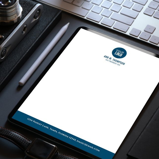Papel Timbrado Logotipo Empresarial Azul e Branco Simples (Blue and white letterhead stationery)