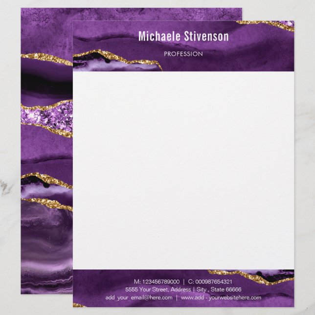 Papel Timbrado Luxo Agata Violeta Dourado Brilhant (Frente/Verso)