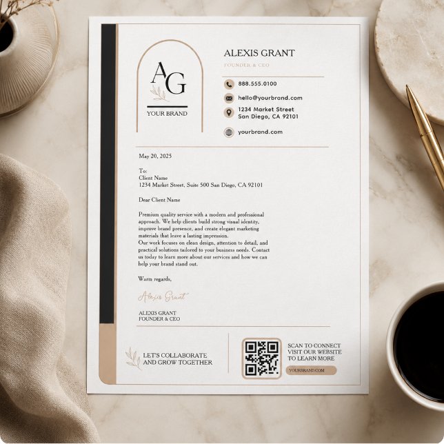 Papel Timbrado Luxo Código QR Preto Bege Lembrete de Compromisso (Black Beige Luxury QR Code Appointment Reminder Letterhead)