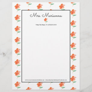 Papel Timbrado Maneira Aquarela Laranja Hibiscus Summer Script