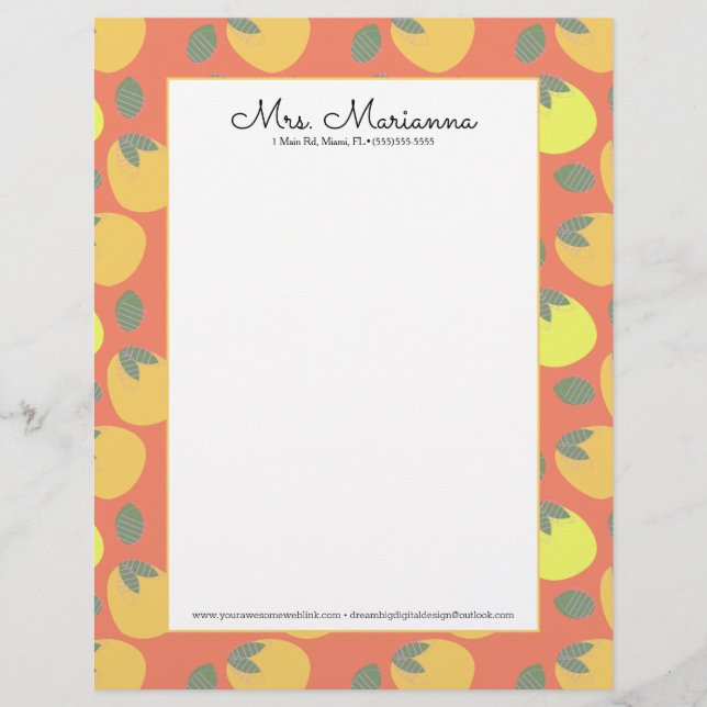 Papel Timbrado Mango Laranja Fruta Amarelo (Frente)