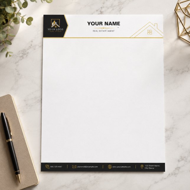 Papel Timbrado Marca de Imóveis de Luxo Black Gold (Luxury Real Estate Letterhead Design | Black Gold Realtor Stationery Mockup)