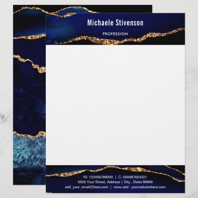 Papel Timbrado Marinho Azul Dourado Personalizado Letterhead Pers (Frente/Verso)