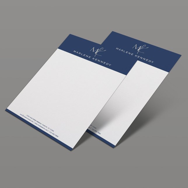 Papel Timbrado Marinho de monograma personalizado elegante azul (Criador carregado)