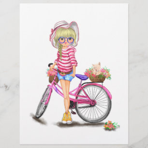 Papel Timbrado Menina Loura-Gira com Bicicleta Rosa e Gato nas Fl