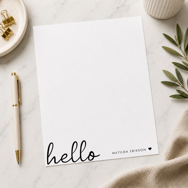 Papel Timbrado Minimal Hello | Modern Heart Clean Simple White (Personalized hello letterhead with custom name detail for notes and thank you letters.)