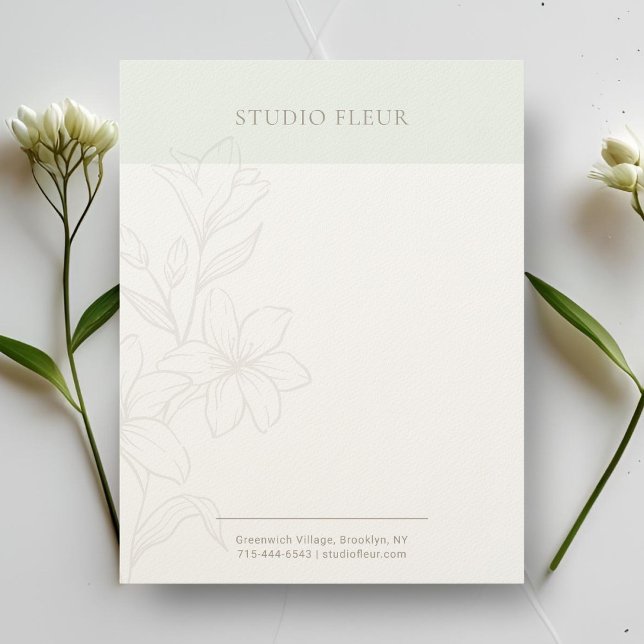 Papel Timbrado Mint & White | Chic Mínimo Letreiro Floral (Criador carregado)