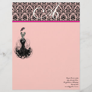 Papel Timbrado Moda Diva Rosa Framboesa Rosa Monograma Damasco 2