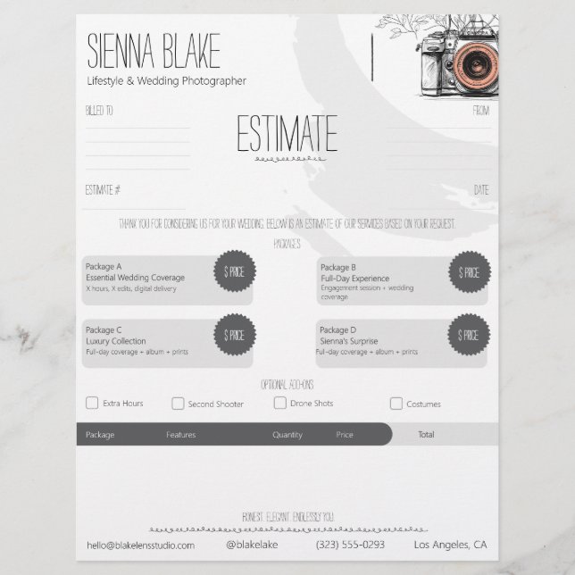 Papel Timbrado Modelo de Estimativa de Fotógrafo de Câmera Botâni (Frente)