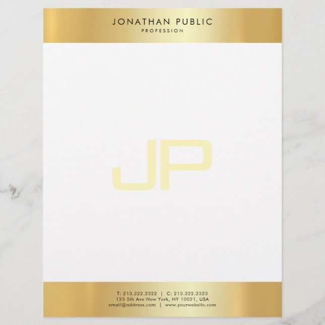 Papel Timbrado Modelo de Monograma Elegante Branco Dourado e Glam (Frente)