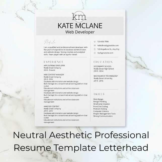 Papel Timbrado Modelo de Retoma de Estética Profissional Neutral (Neutral Aesthetic Professional Resume Template Letterhead)