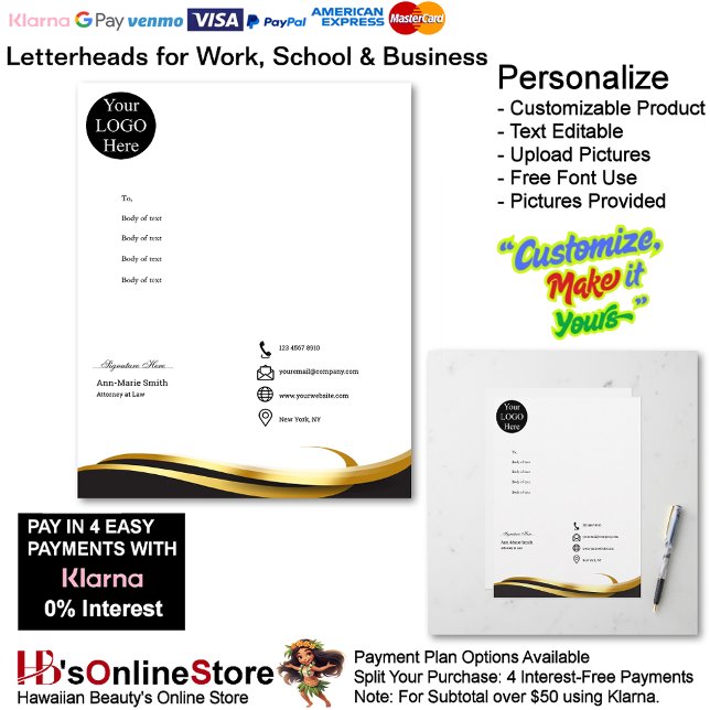 Papel Timbrado Modern Minimalist Gold Black White Signature (Modern Minimalist Gold Black White Signature Letterhead.)