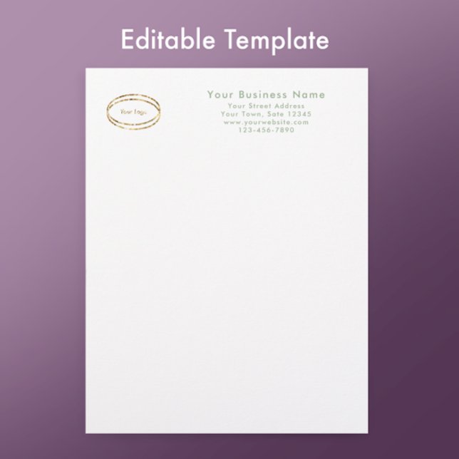 Papel Timbrado Modern Minimalist Sage Green Custom Business Logo (Personalize this sage green letterhead template. Add your business logo and custom modern script.
)