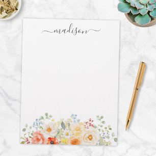 Papel Timbrado Monograma de Nome Personalizado Aquarela Floral En