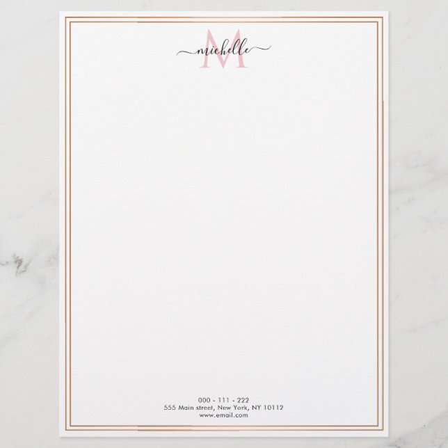 Papel Timbrado monograma de script chic de quadro ouro  (Frente)