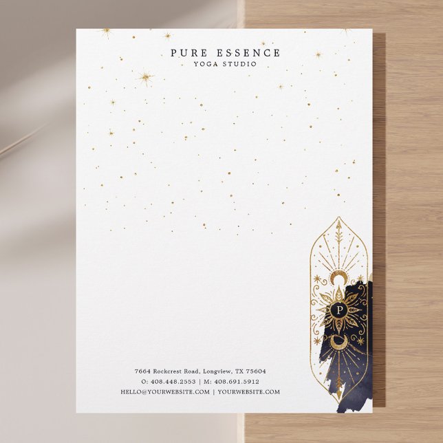 Papel Timbrado Monograma do Sol Celestial e da Tinta Escura da Lu (Holistic Celestial Sun & Moon Dark Ink Monogram Letterhead)