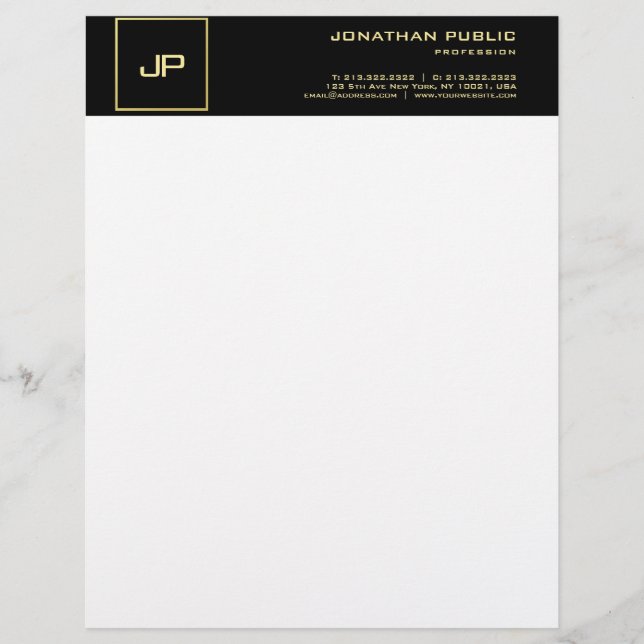 Papel Timbrado Monograma Dourado, branco, branco Elegante (Frente)