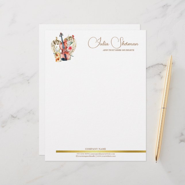 Papel Timbrado Monograma Dourado Violin Modern Script Minimalista (Frente/Verso In Situ)